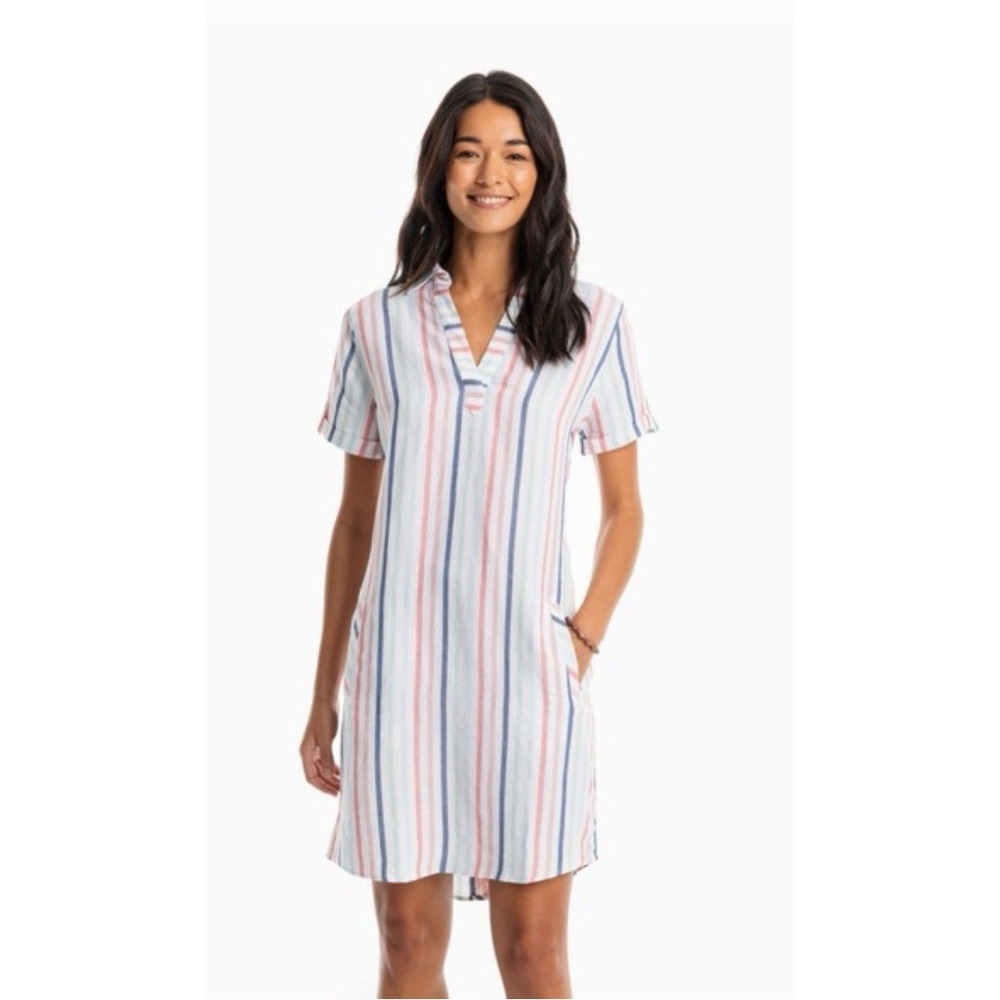 Southern Tide Kamryn Resort Stripe Dress Pockets Linen Cotton Lg $138